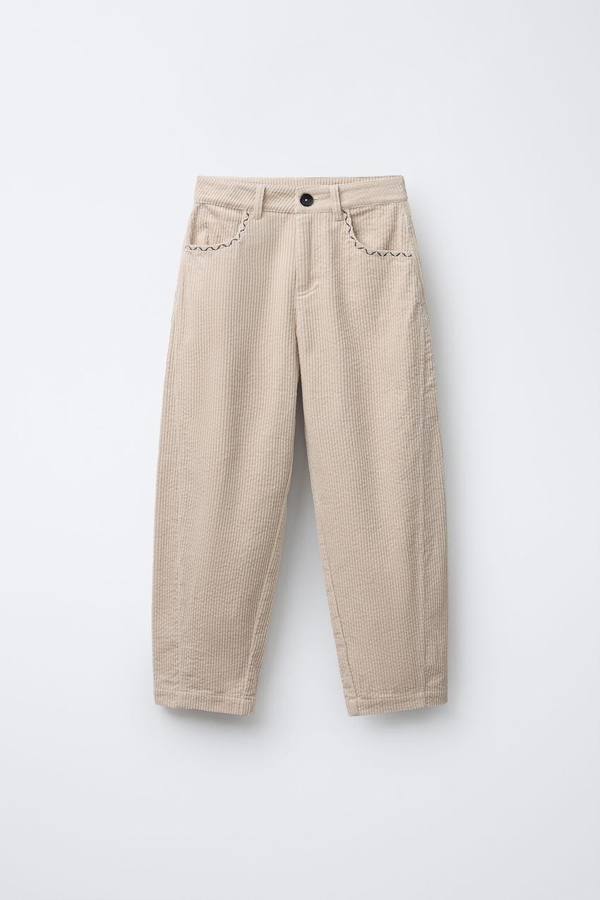 BARREL CORDUROY TROUSERS WITH EMBROIDERED DETAIL